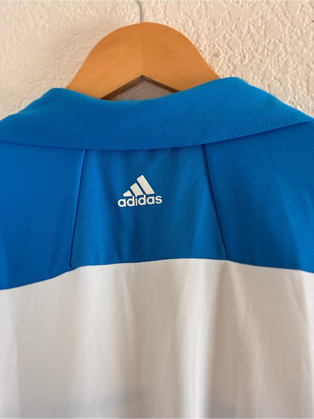 Adidas | Blue and white striped athletic short sleeve polo t-shirt size large